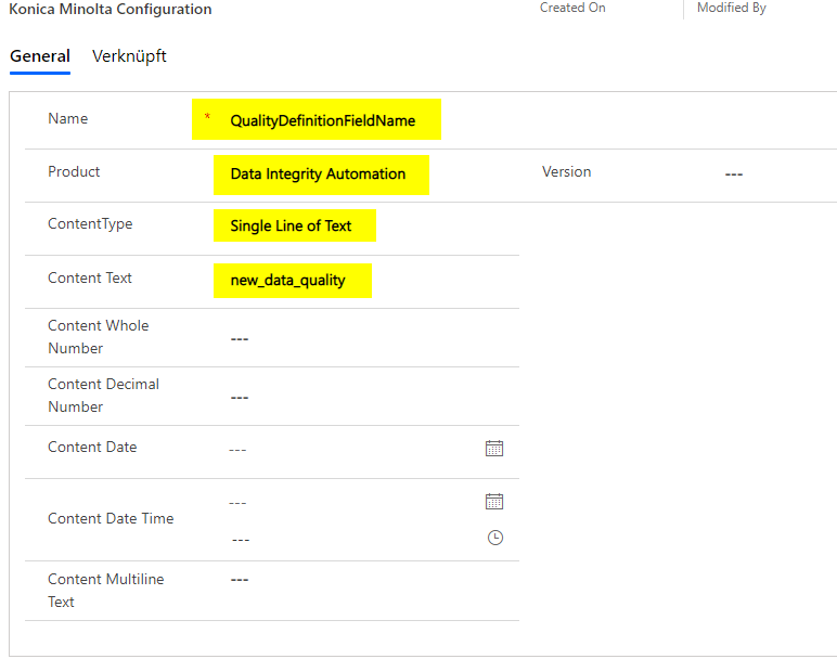 Abbildung 3: Anlegen des Konfigurationsdatensatzes für QualityDefinitionFieldName