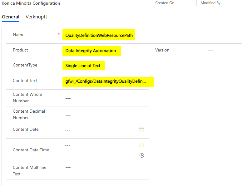 Abbildung 4: Anlegen des Konfigurationsdatensatzes für QualityDefinitionWebResourcePath