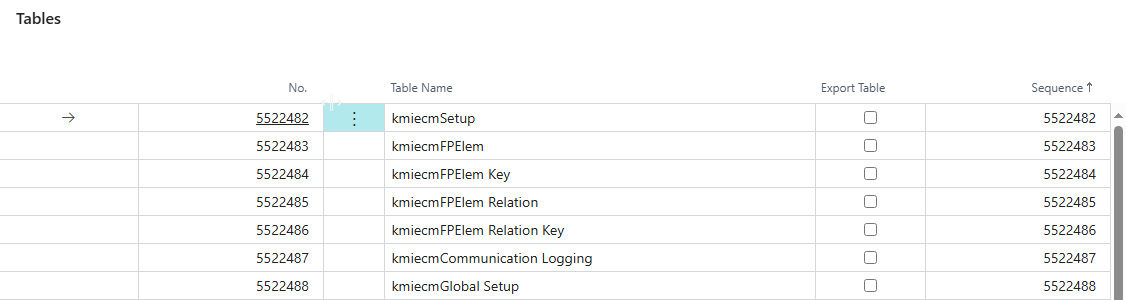 Screenshot: Tables Subpage (Export)