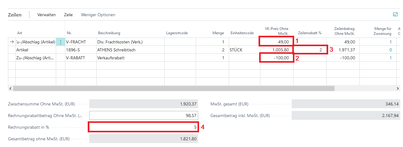 Optionen zur Angabe von Rabatten, Zu und Abschlägen